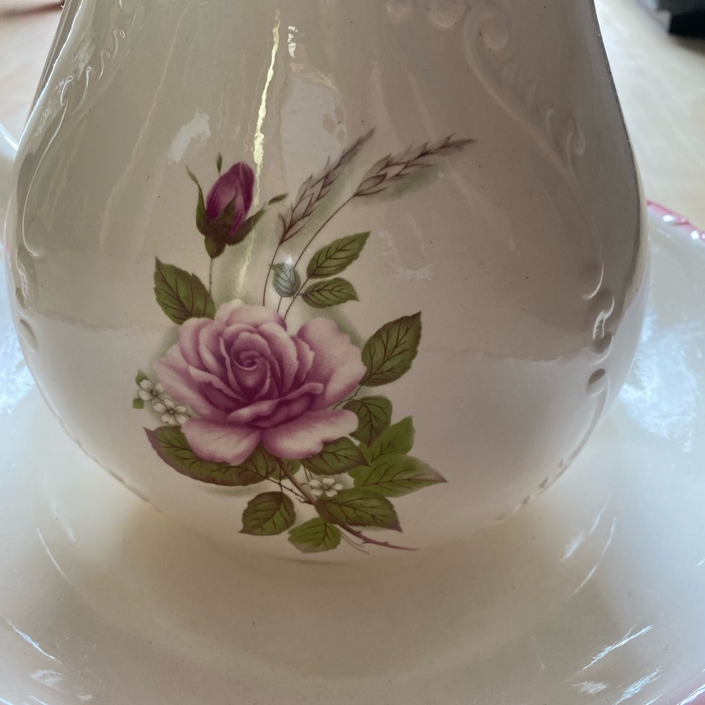 Beautiful Pitcher & Wash Basin. Gorgeous pink & cream colors.